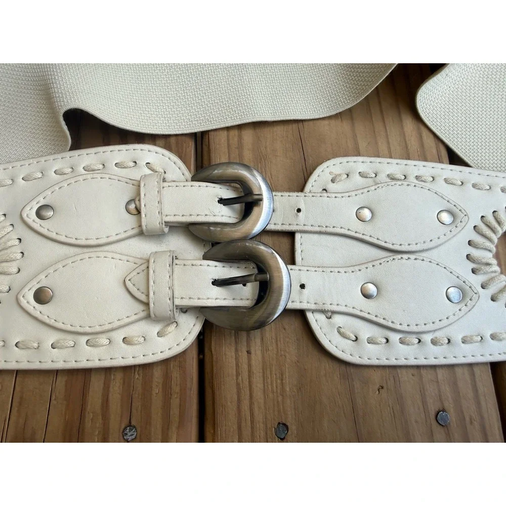 Vintage Y2K Wide Elastic & Leather Corset Cinch Belt Two Buckles White One Size